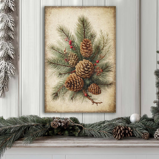 Vintage Winter Pine Cones Christmas Wall Art III canvas by Tailored Canvases, green pine boughs on Tampa Home & Garden Store
