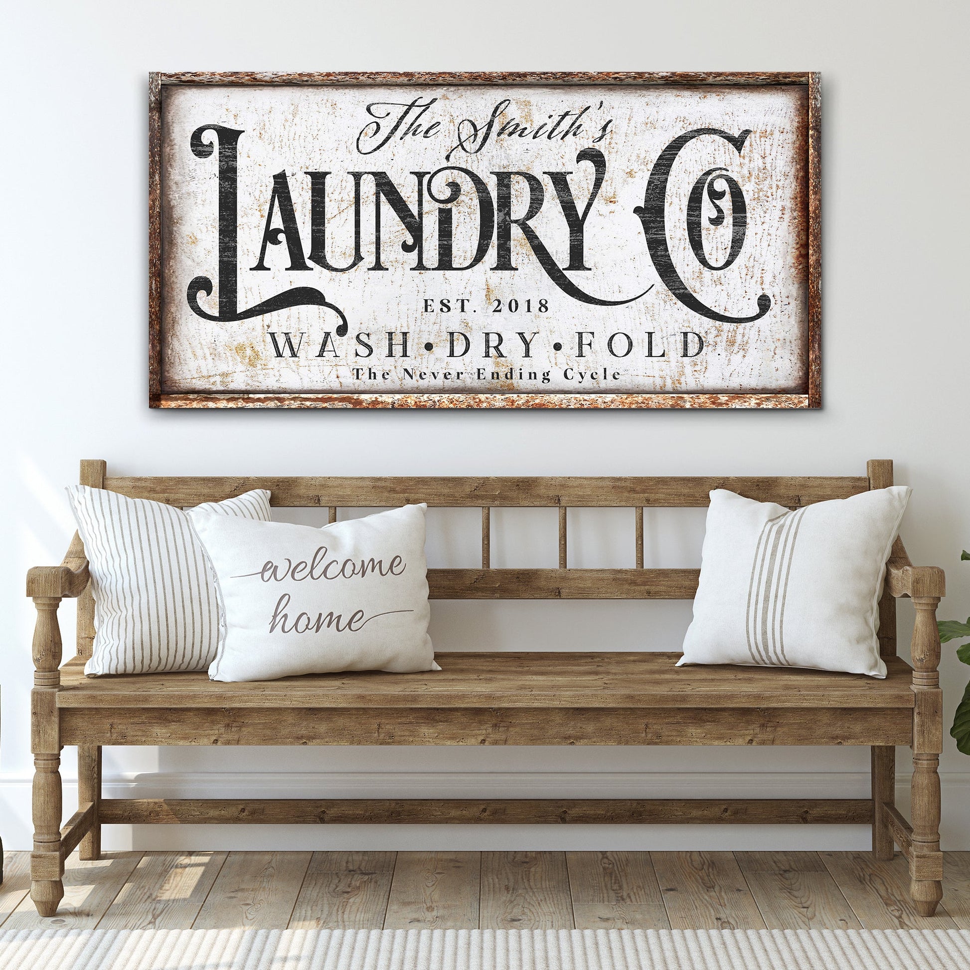 Canvas sign The Never Ending Cycle Laundry by Tailored Canvases, framed vintage laundry motif on Tampa Home & Garden Store