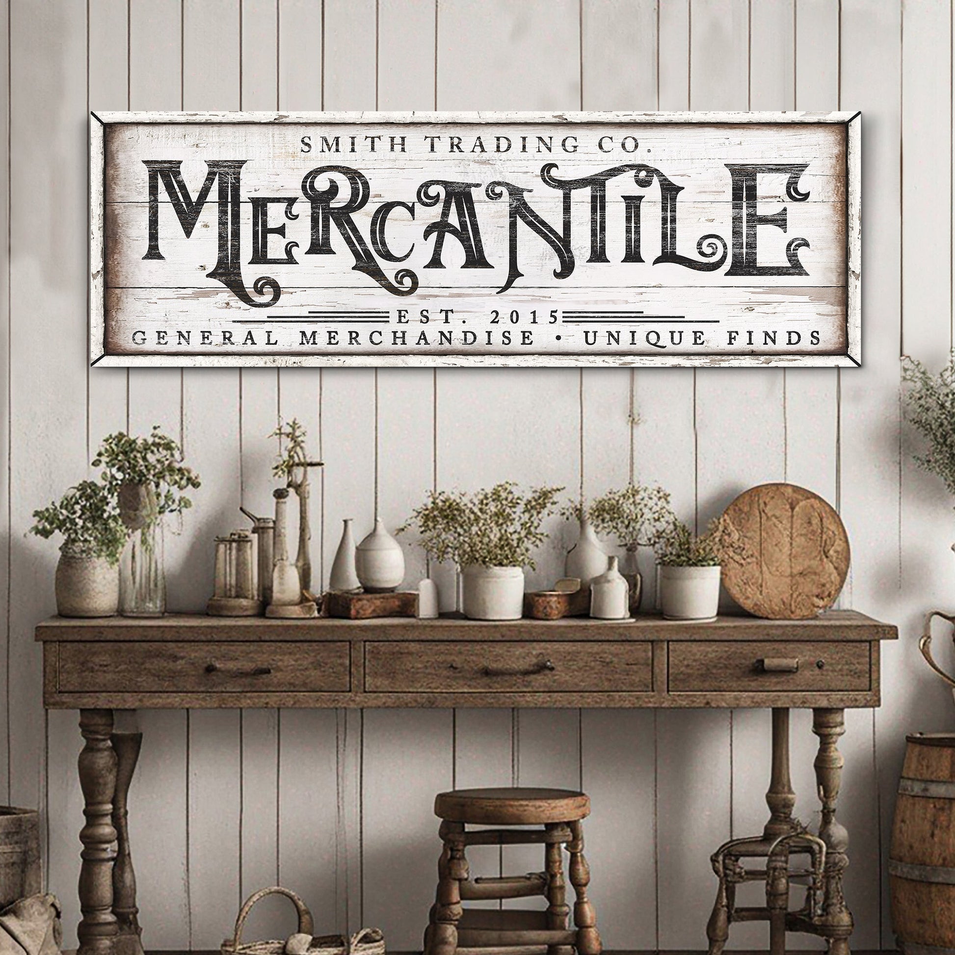 Personalized Mercantile Sign canvas with wood and vintage typography Tailored Canvases on Tampa Home & Garden Store