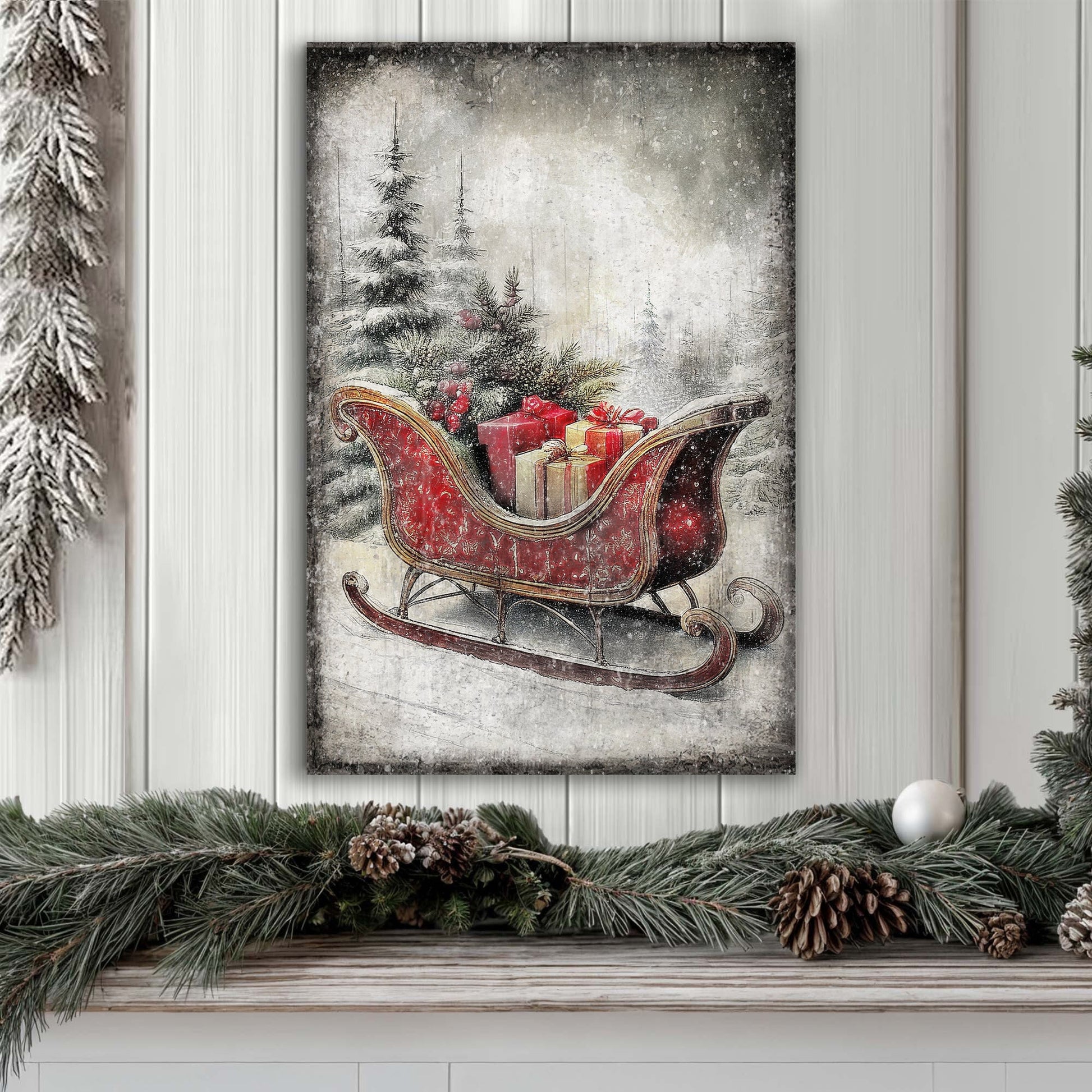 Vintage Christmas Sleigh Sled canvas wall art with red sleigh and gifts in a snowy scene on Tampa Home & Garden Store