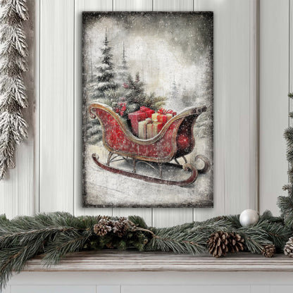 Vintage Christmas Sleigh Sled canvas wall art with red sleigh and gifts in a snowy scene on Tampa Home & Garden Store