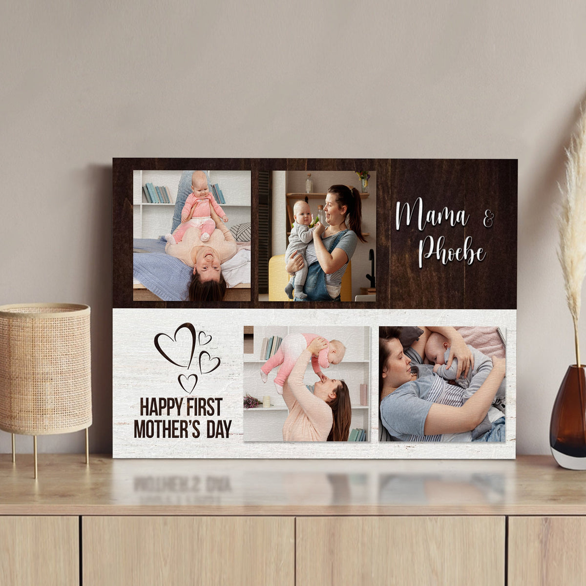Happy First Mother's Day canvas collage with photo panels Tailored Canvases dark wood frame on Tampa Home & Garden Store