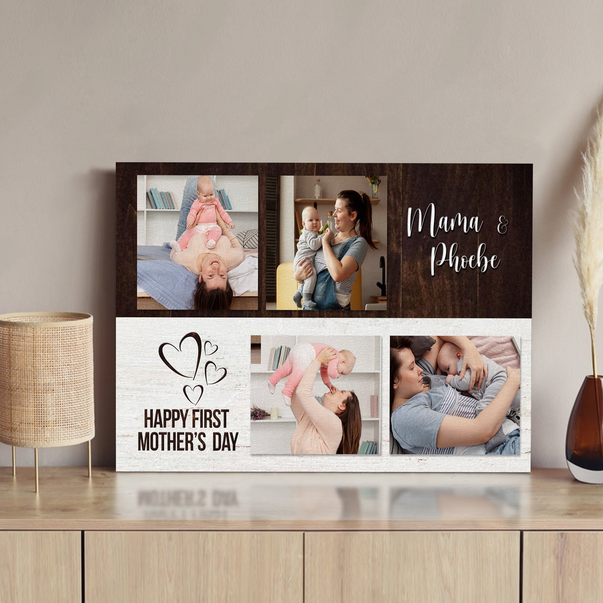Happy First Mother's Day canvas collage with photo panels Tailored Canvases dark wood frame on Tampa Home & Garden Store