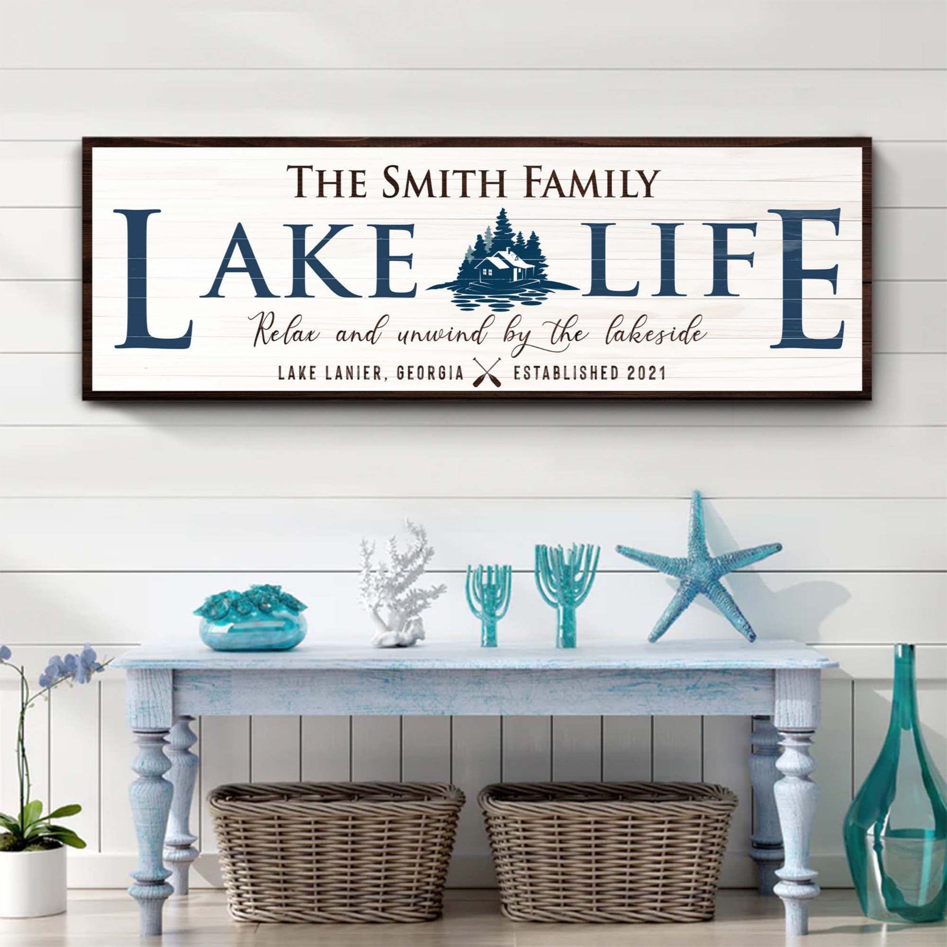 Personalized Lake Life Sign canvas by Tailored Canvases with navy LAKE LIFE and wood frame on Tampa Home & Garden Store