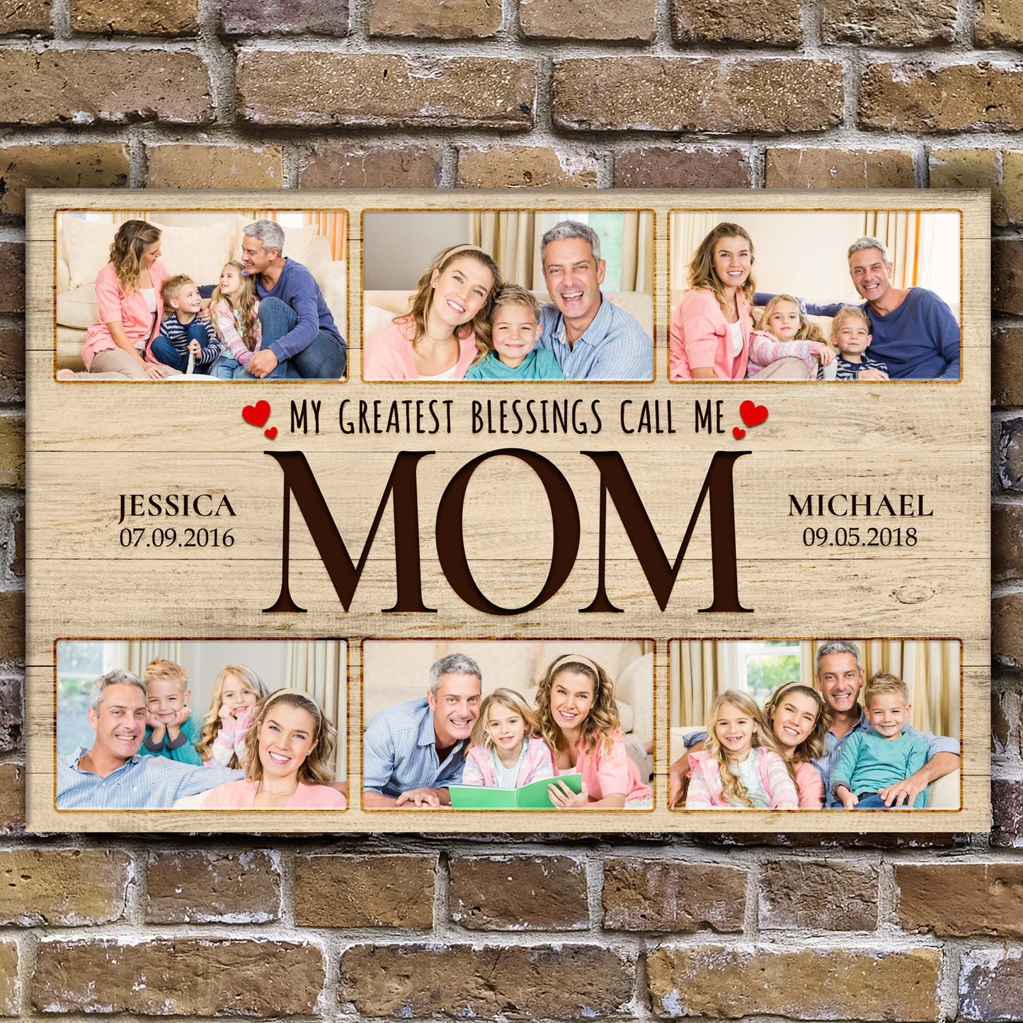 Canvas Mother's Day sign with three family photo frames on rustic wood and MOM text on Tampa Home & Garden Store