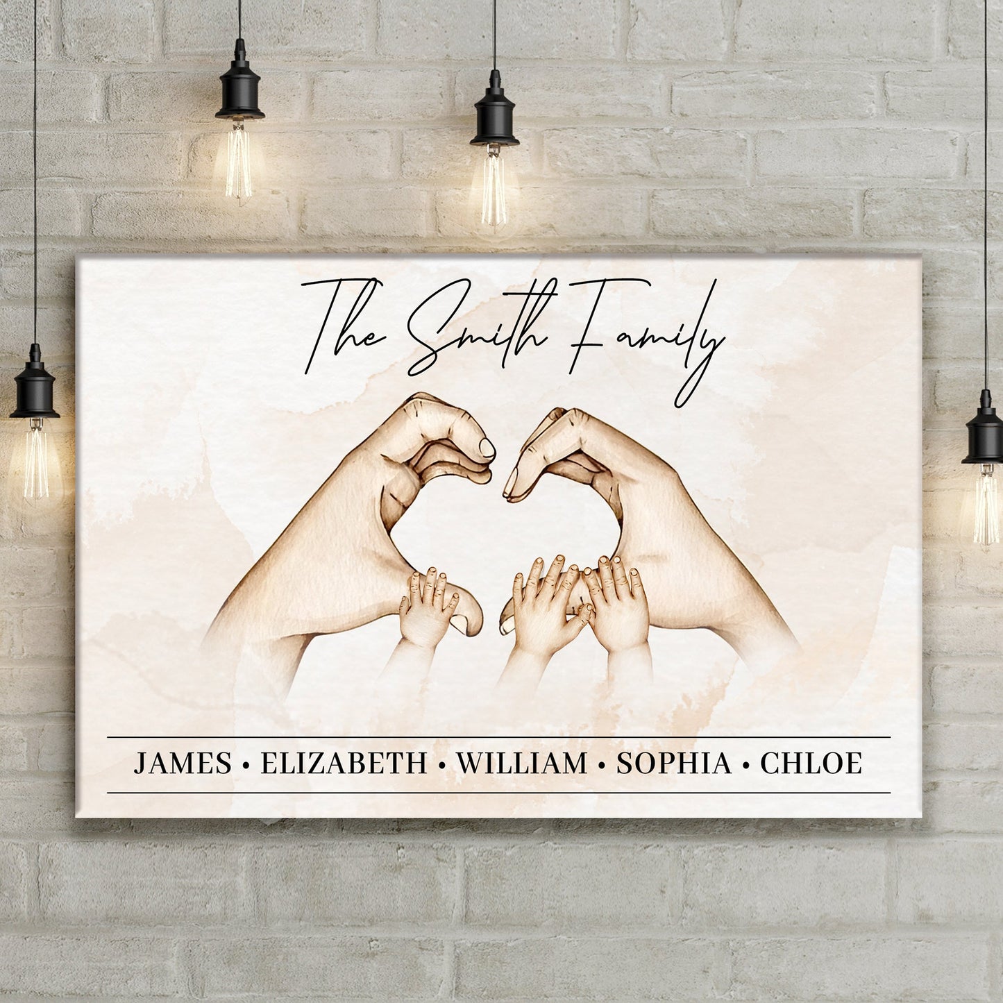 Mother's Day Sign Family Heart canvas by Tailored Canvases; hands form heart with 5 names on Tampa Home & Garden Store