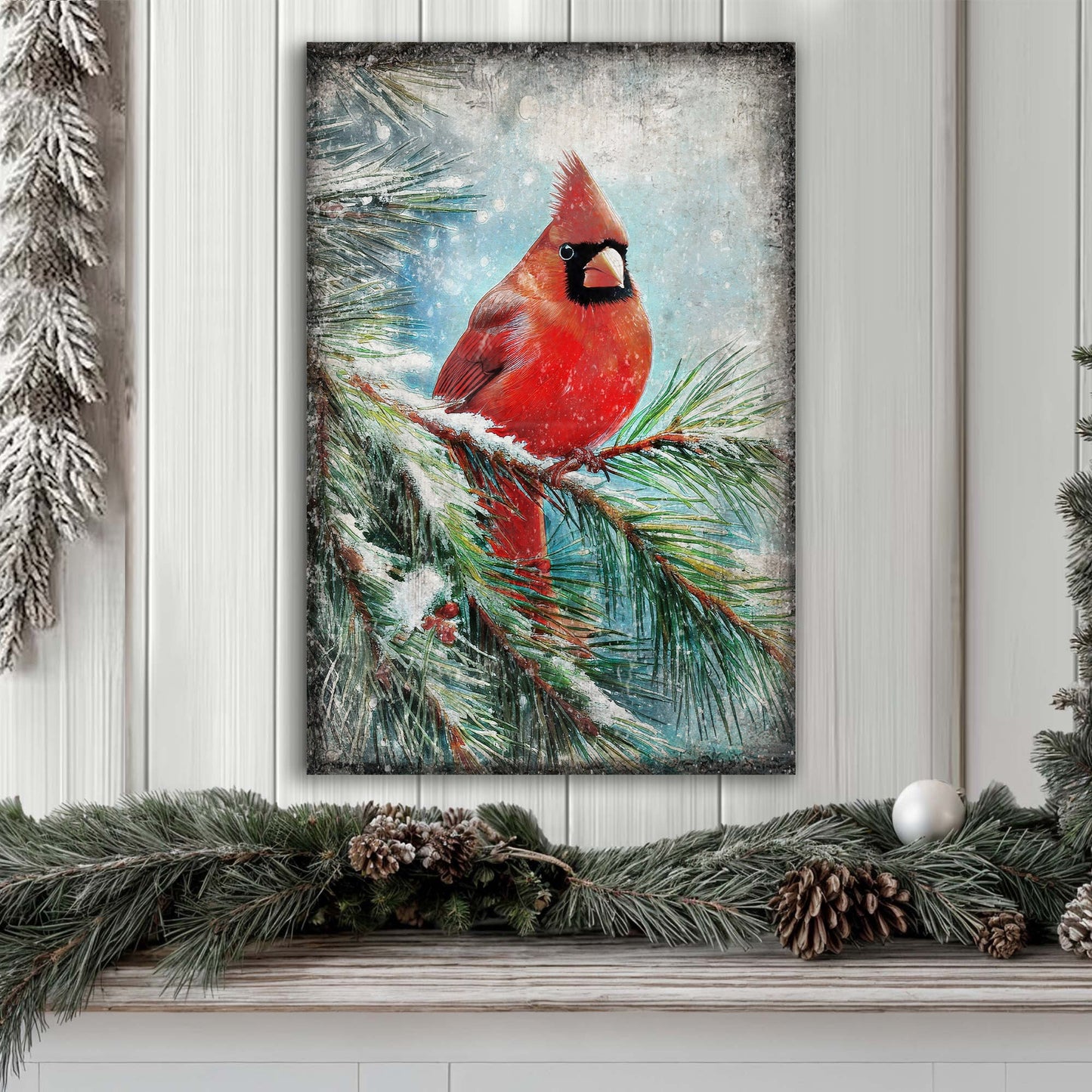 Vintage Cardinal Christmas Wall Art canvas by Tailored Canvases: red cardinal on snowy pine on Tampa Home & Garden Store