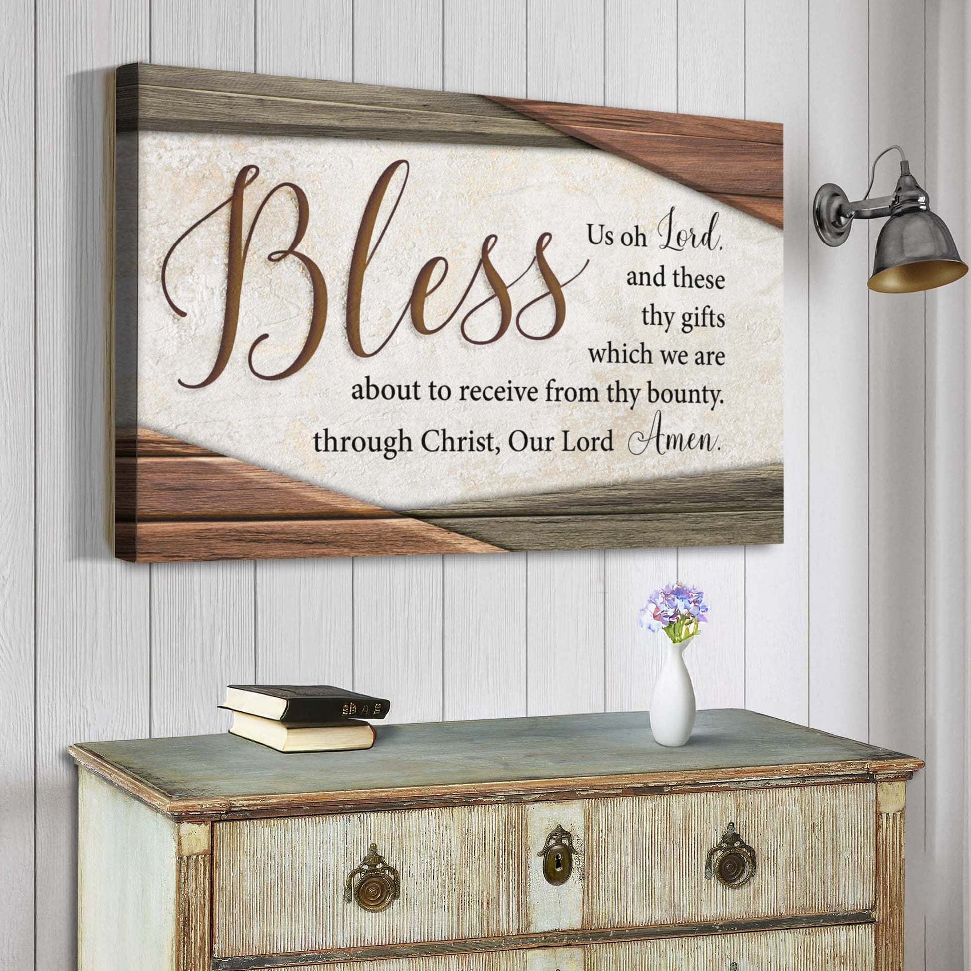 Bless Us Oh Lord Faith Sign IV canvas by Tailored Canvases, rustic wood frame on Tampa Home & Garden Store