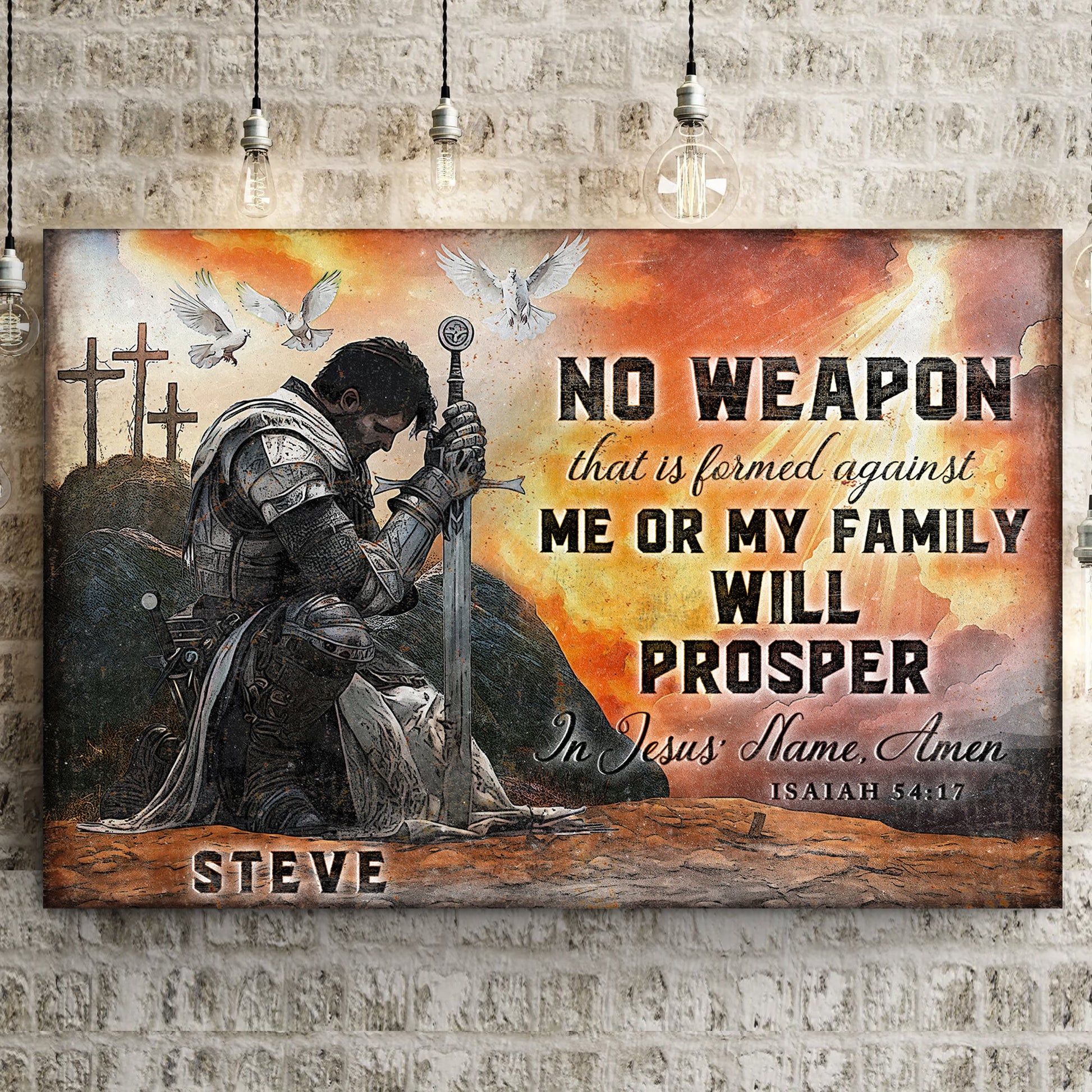 Canvas faith sign kneeling armored warrior, doves, crosses, Isaiah 54:17 Tailored Canvases on Tampa Home & Garden Store