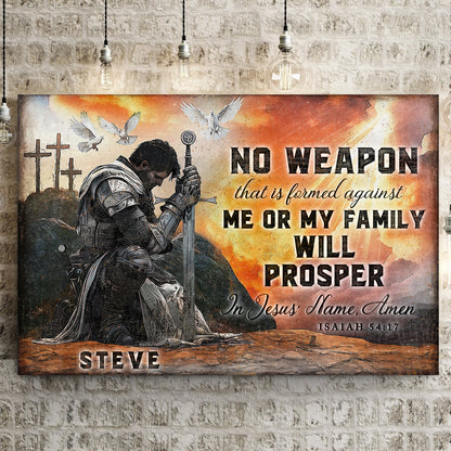 Canvas faith sign kneeling armored warrior, doves, crosses, Isaiah 54:17 Tailored Canvases on Tampa Home & Garden Store