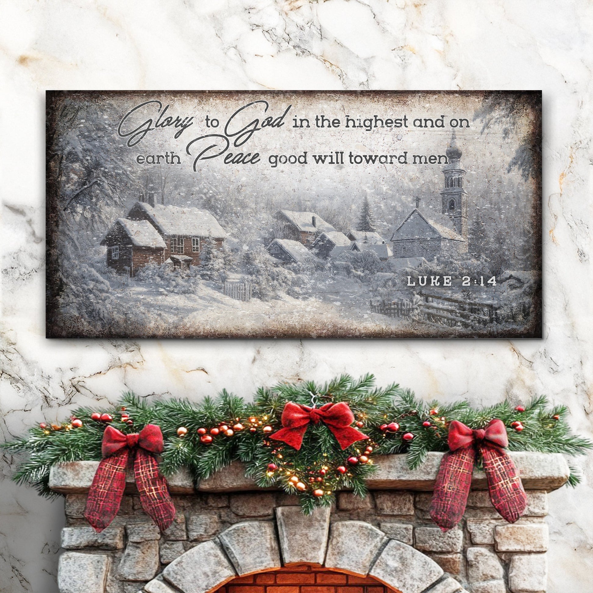Vintage Christmas Village Luke 2:14 Scripture Sign II canvas with snowy village and verse on Tampa Home & Garden Store