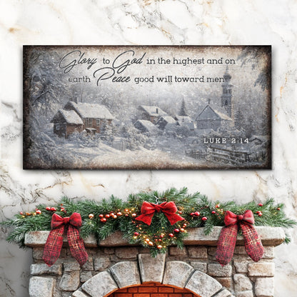 Vintage Christmas Village Luke 2:14 Scripture Sign II canvas with snowy village and verse on Tampa Home & Garden Store