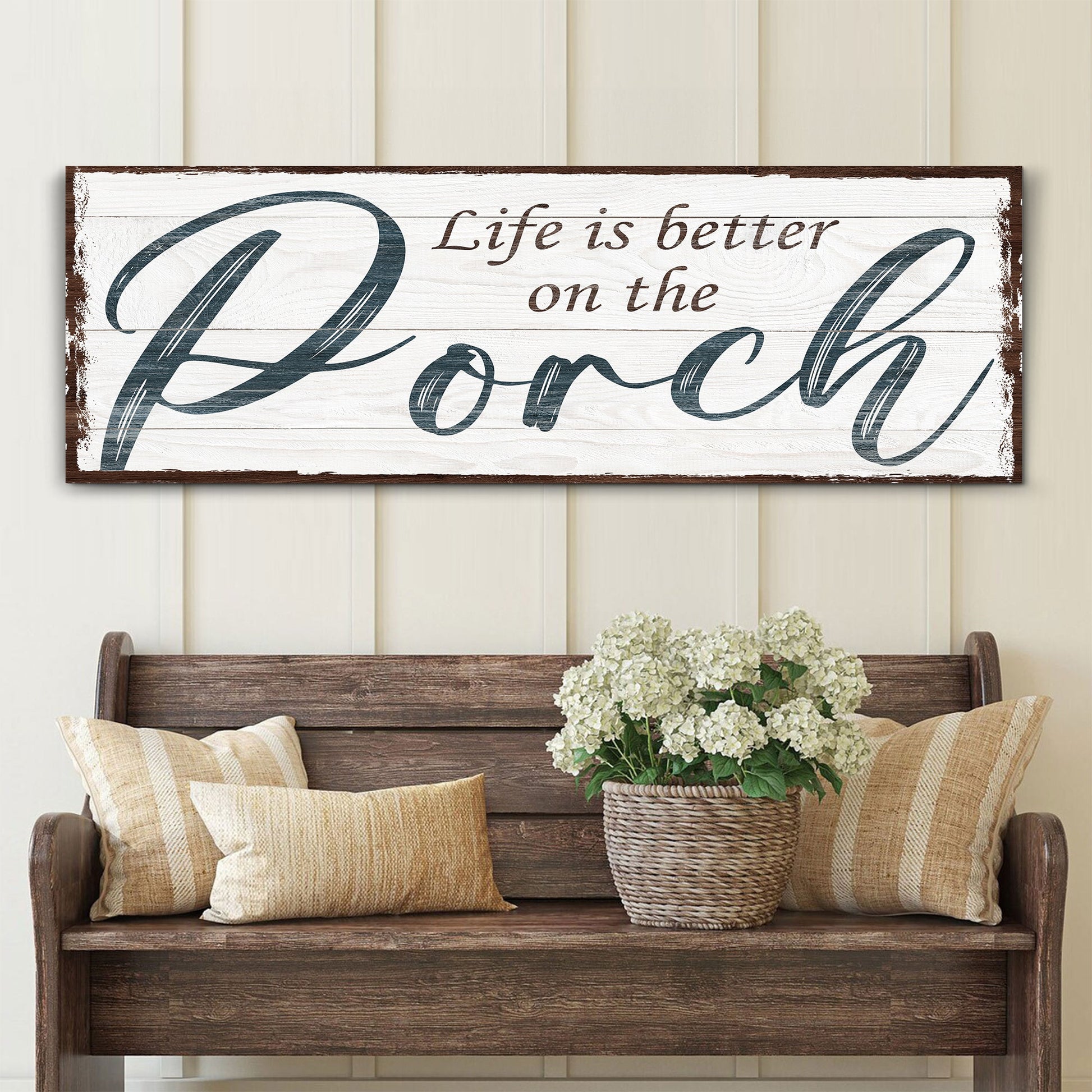Life Is Better On The Porch Sign II canvas by Tailored Canvases with white wood and navy script on Tampa Home & Garden Store