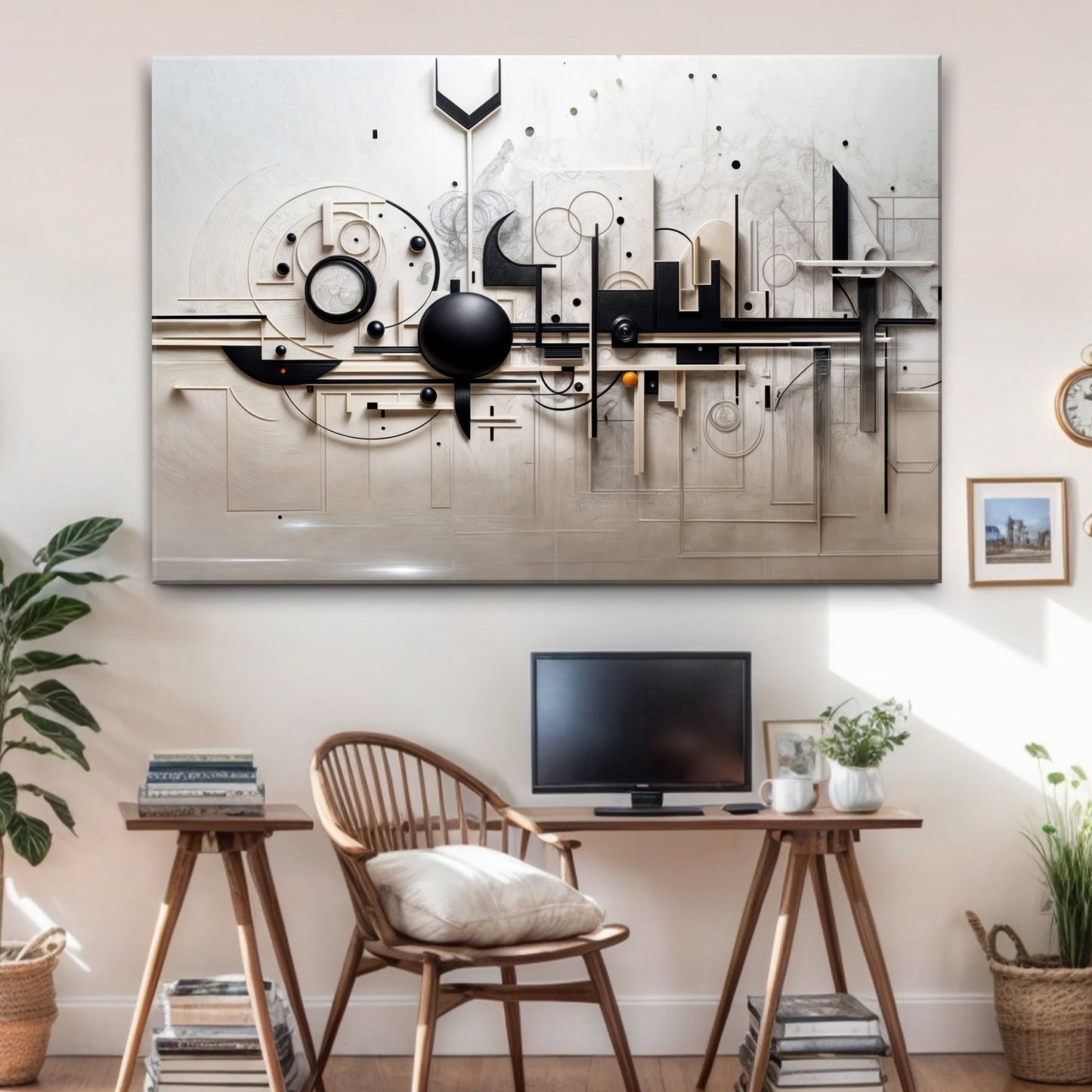 Modern Mechanical Wall Art canvas by Tailored Canvases in beige and black with shapes on Tampa Home & Garden Store