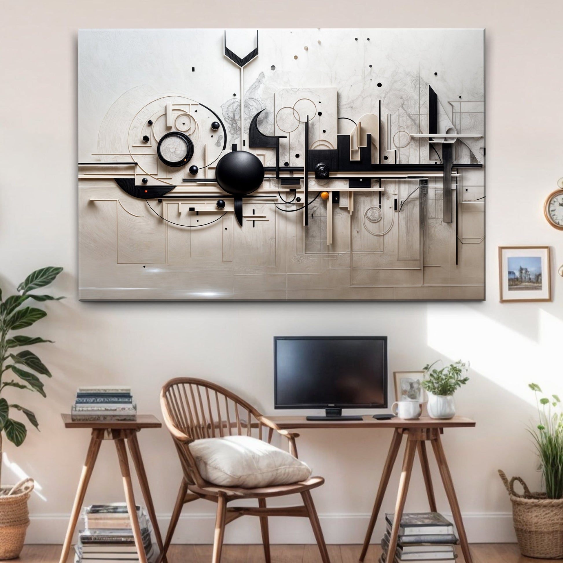 Modern Mechanical Wall Art canvas by Tailored Canvases in beige and black with shapes on Tampa Home & Garden Store