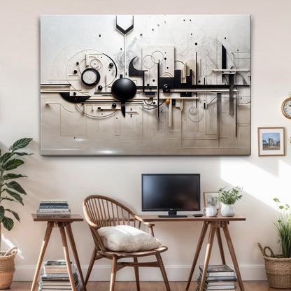 Modern Mechanical Wall Art canvas by Tailored Canvases in beige and black with shapes on Tampa Home & Garden Store