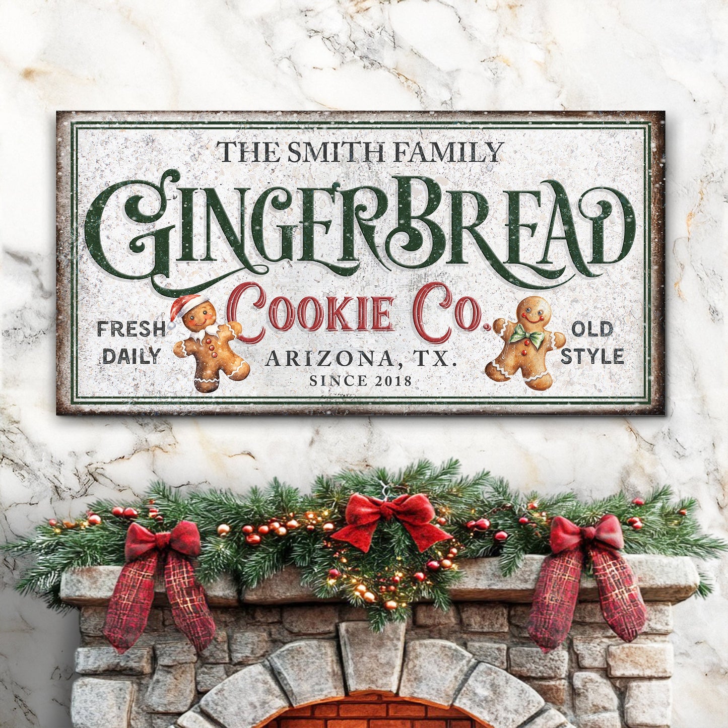 Canvas sign Family Gingerbread Bakery Christmas Sign II by Tailored Canvases with green script and cookies on distressed background on Tampa Home & Garden Store