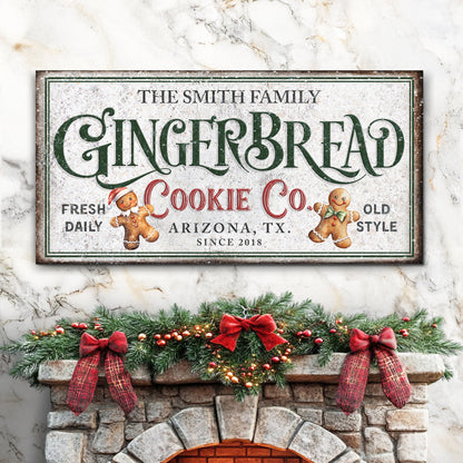 Canvas sign Family Gingerbread Bakery Christmas Sign II by Tailored Canvases with green script and cookies on distressed background on Tampa Home & Garden Store