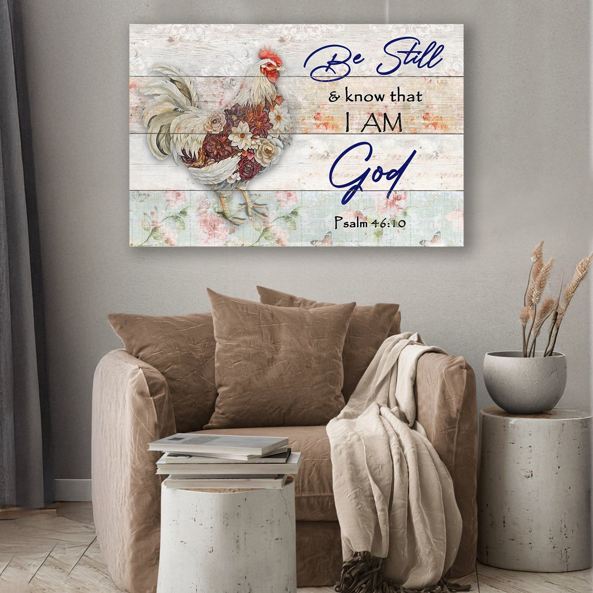 Be Still Faith Sign II canvas craft art with a rooster and flowers on rustic wood planks on Tampa Home & Garden Store