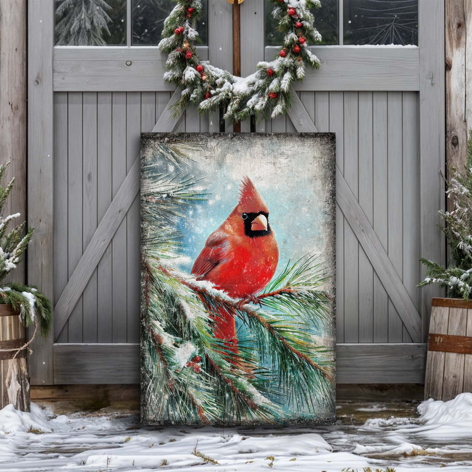 Vintage Cardinal Christmas Wall Art canvas by Tailored Canvases with a vivid red cardinal on Tampa Home & Garden Store