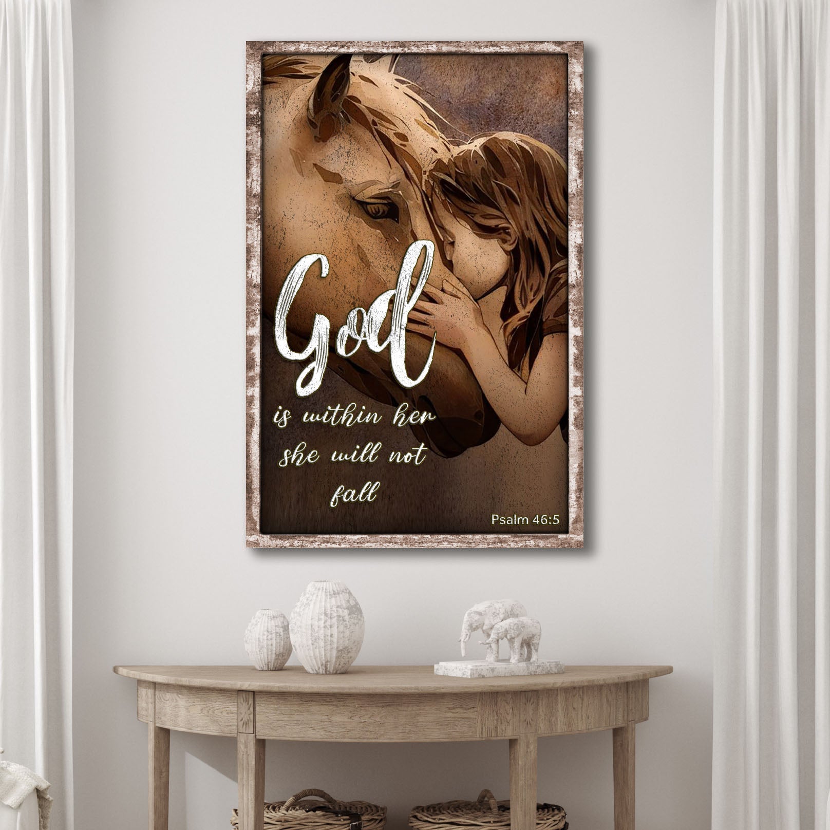 Tailored Canvases canvas sign God is within her Psalm 46:5 with horse and woman, rustic frame on Tampa Home & Garden Store