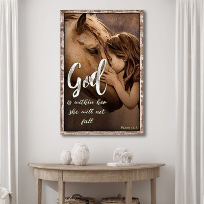 Tailored Canvases canvas sign God is within her Psalm 46:5 with horse and woman, rustic frame on Tampa Home & Garden Store