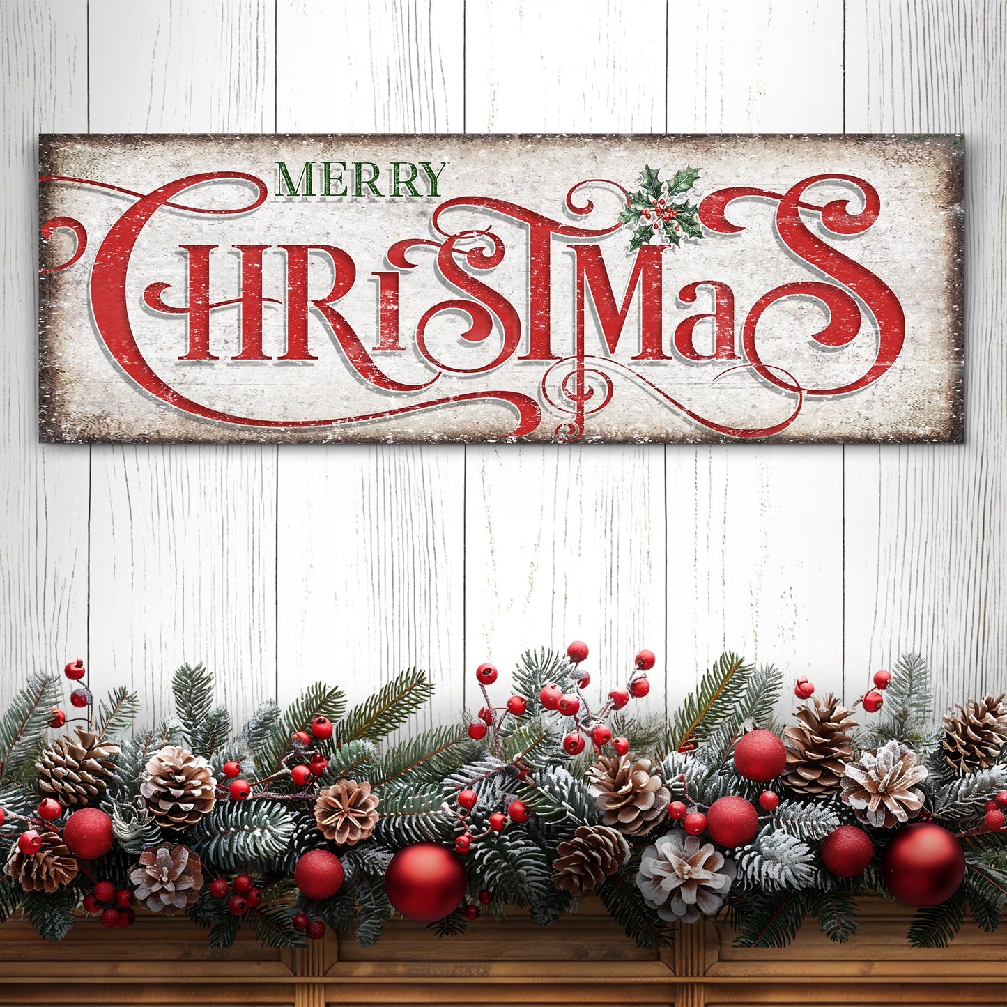 Vintage Merry Christmas Sign III canvas with red script and holly on rustic wood background on Tampa Home & Garden Store