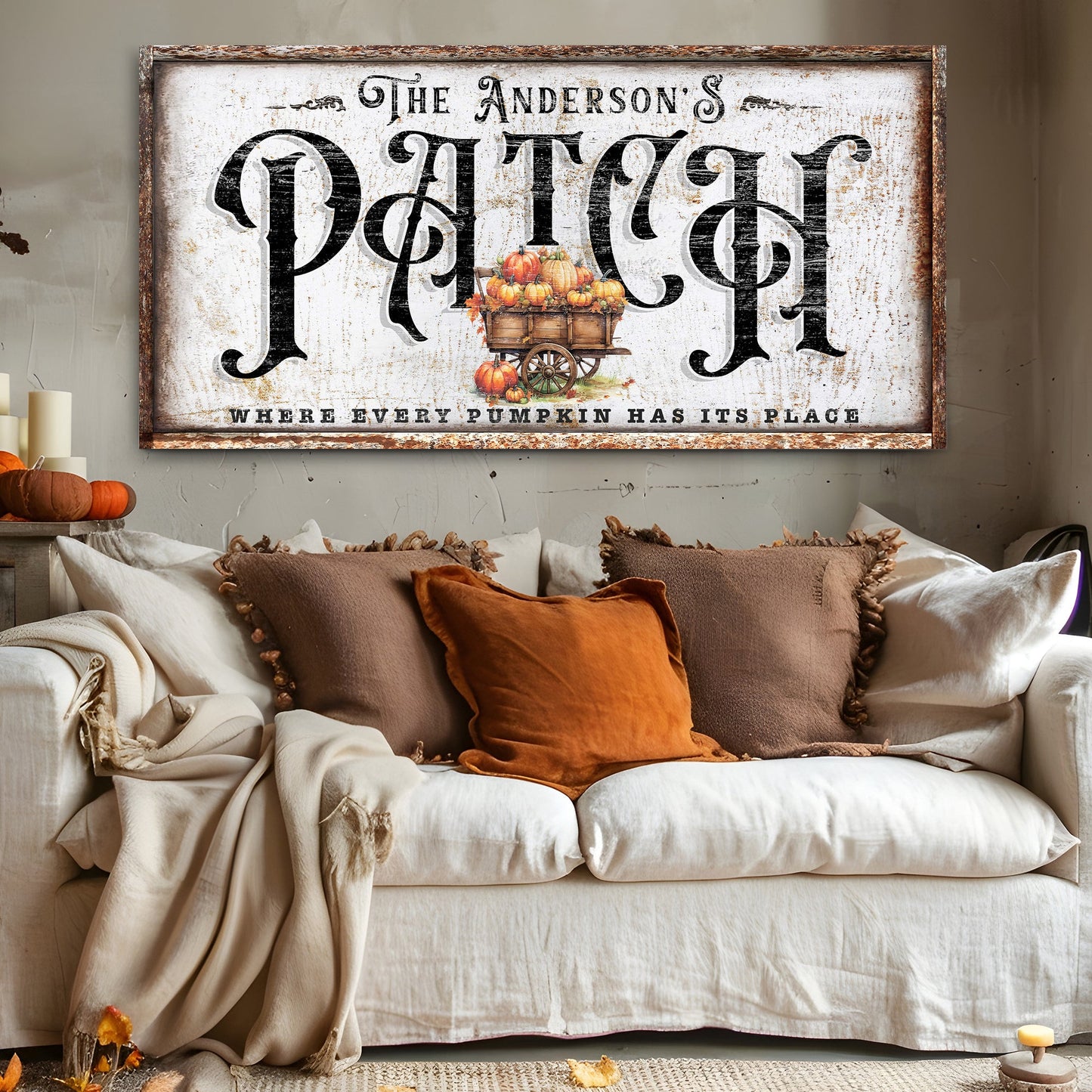Personalized Pumpkin Patch Sign VIII canvas with rustic frame and pumpkin cart Tailored Canvases on Tampa Home & Garden Store
