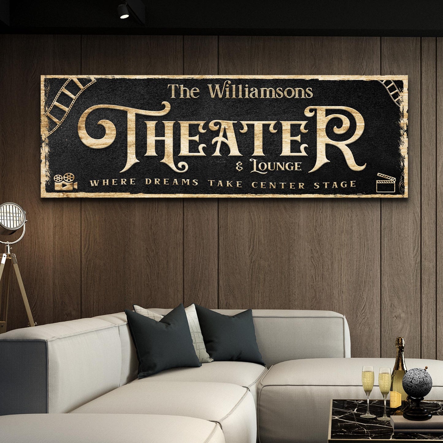 Theater Sign VI canvas by Tailored Canvases with black textured background and beige wood border on Tampa Home & Garden Store