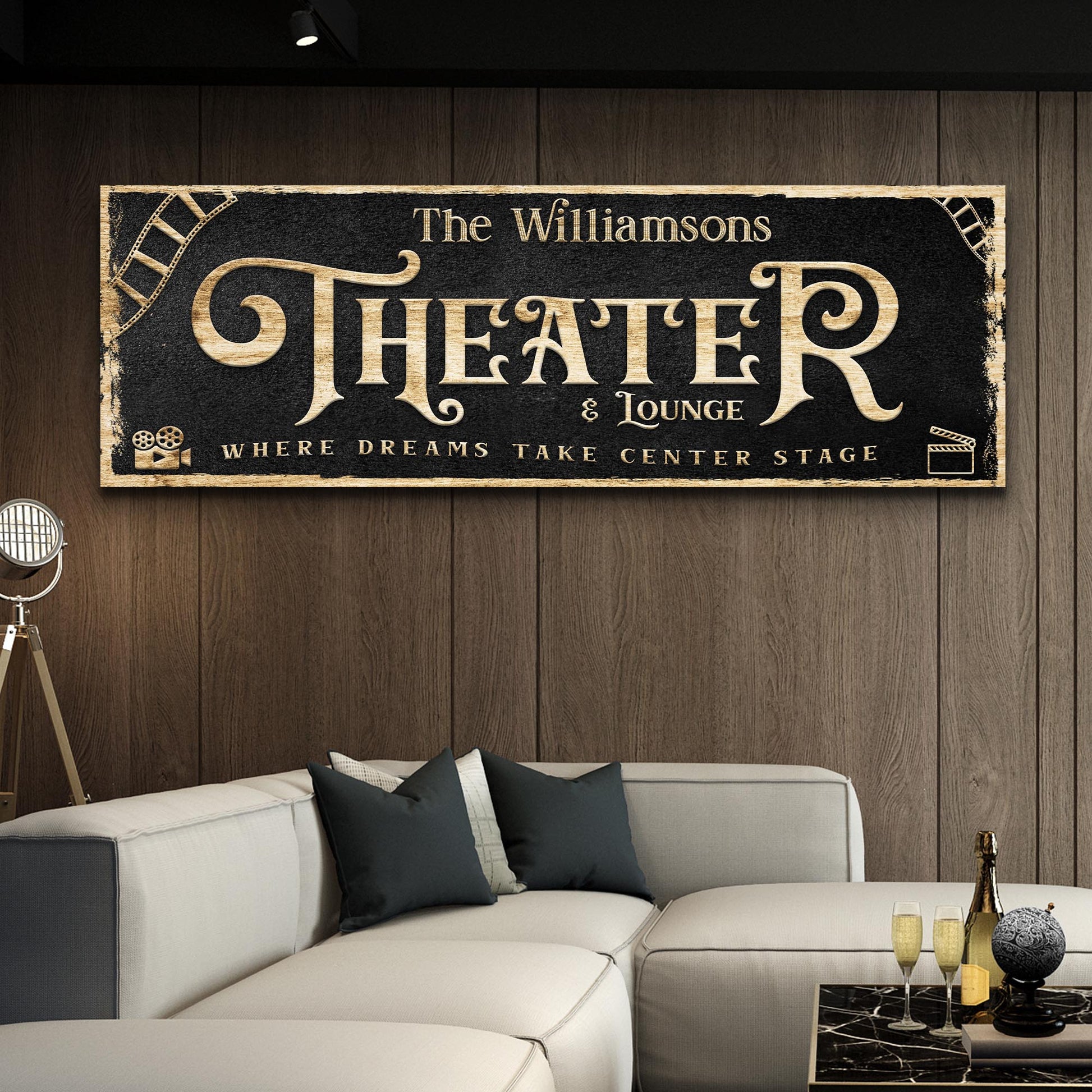 Theater Sign VI canvas by Tailored Canvases with black textured background and beige wood border on Tampa Home & Garden Store