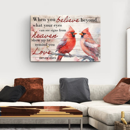 Tailored Canvases crafting canvas sign with two red cardinals on weathered wood and typography on Tampa Home & Garden Store