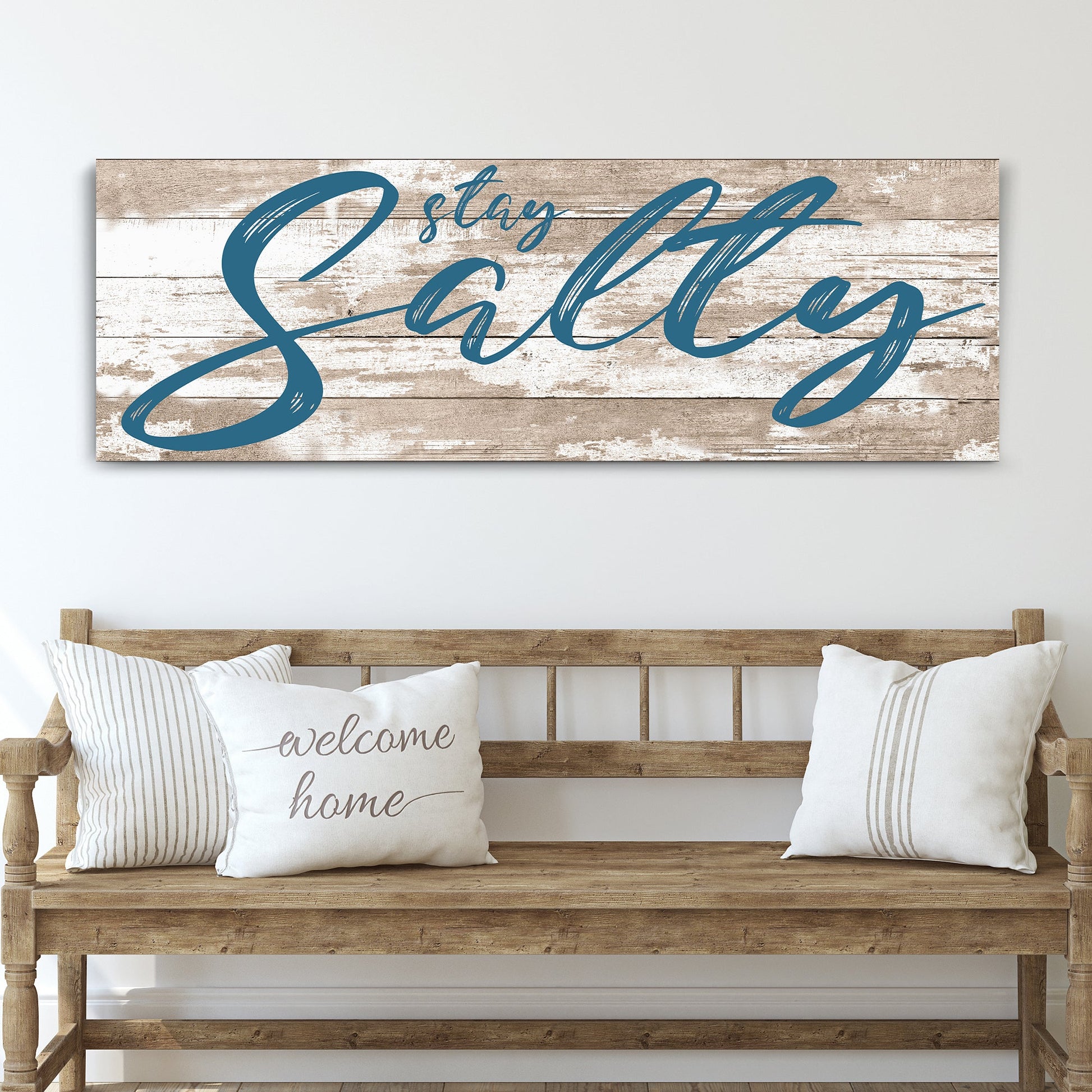 Stay Salty Coastal Sign II canvas with blue script text on weathered wood background on Tampa Home & Garden Store