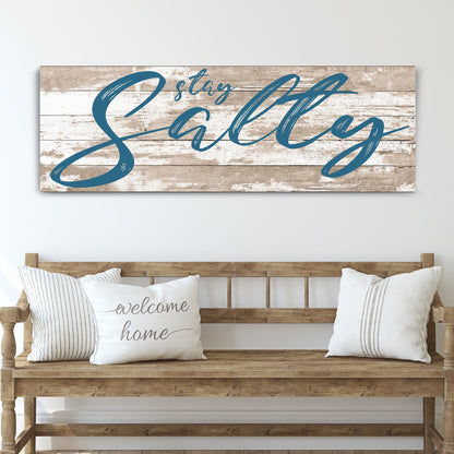 Stay Salty Coastal Sign II canvas with blue script text on weathered wood background on Tampa Home & Garden Store