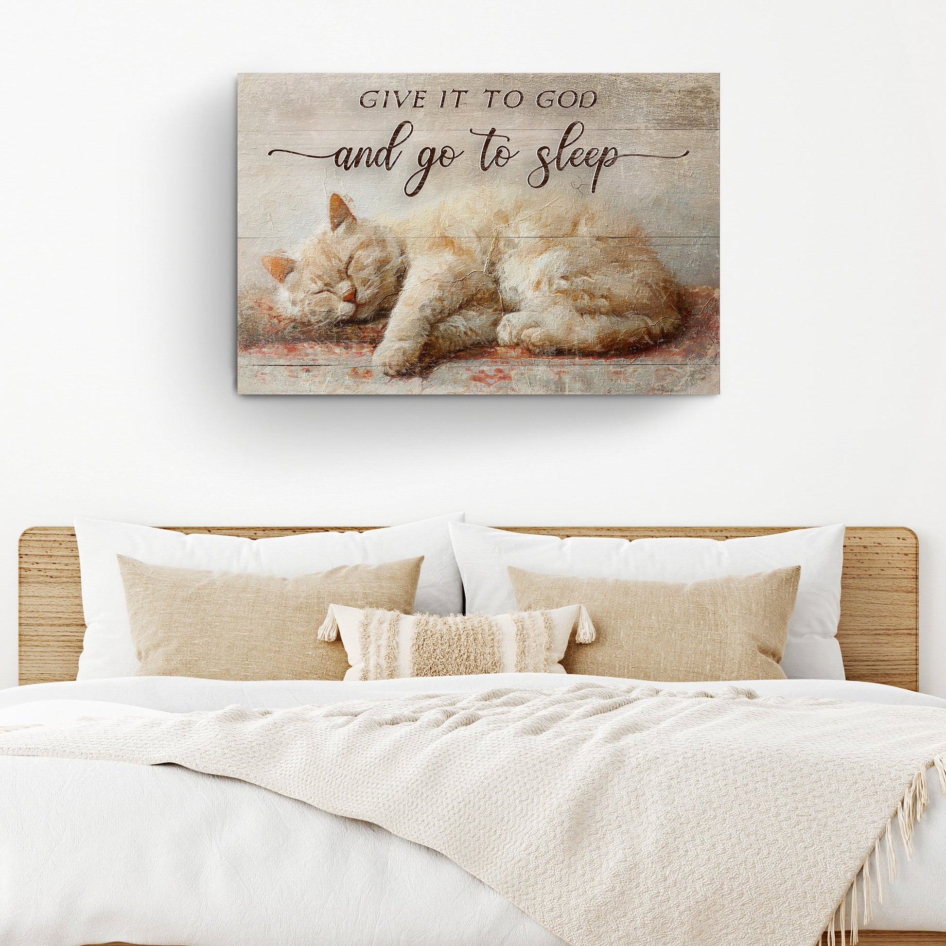 Tailored Canvases canvas sign Give It To God And Go To Sleep on wood with sleeping kittens on Tampa Home & Garden Store