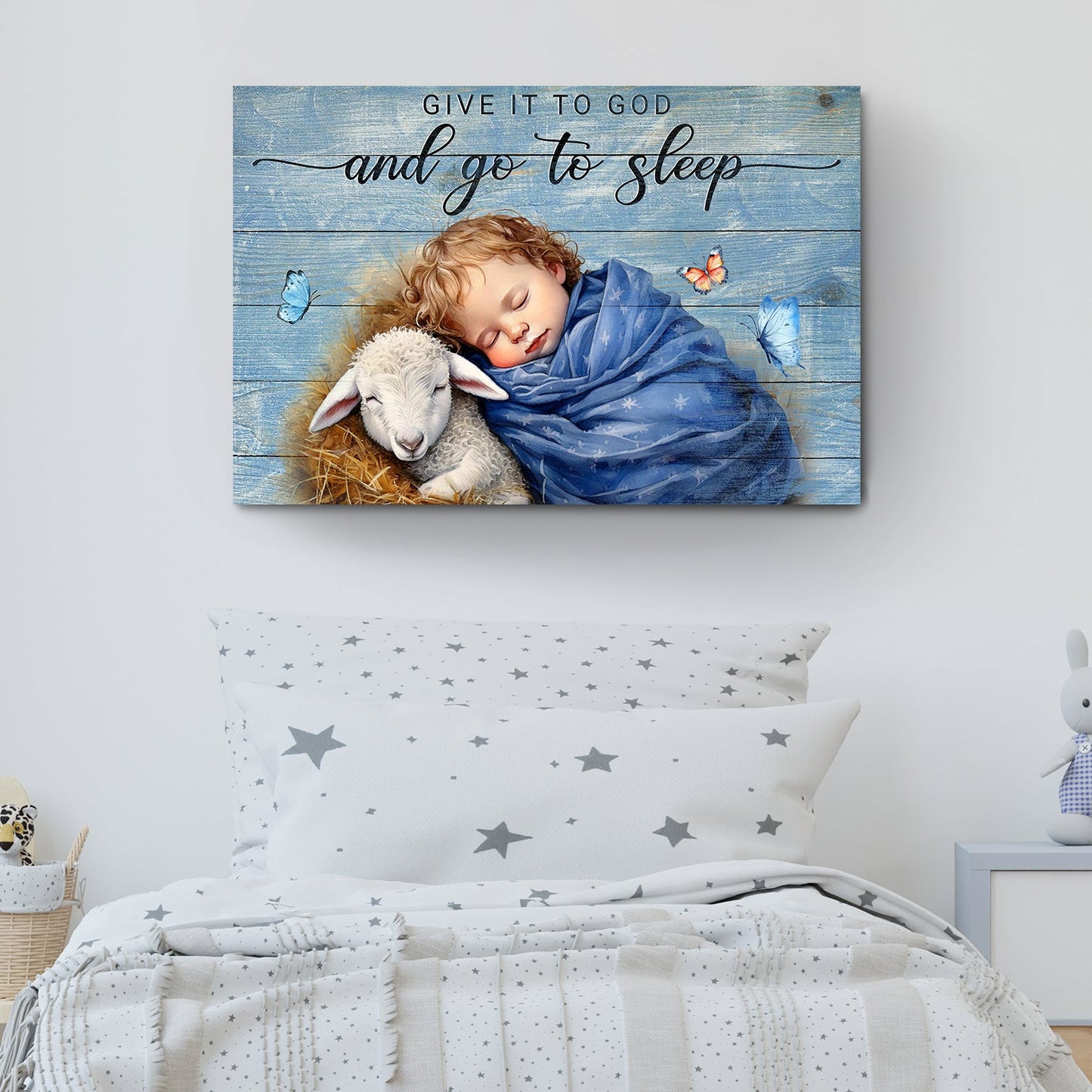 Canvas faith sign by Tailored Canvases, sleeping child with lamb on blue wood background on Tampa Home & Garden Store