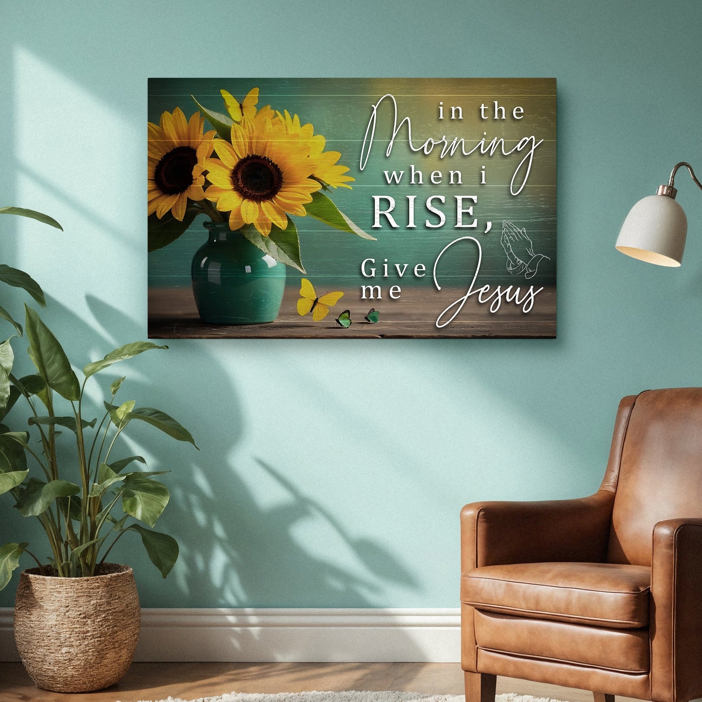Canvas In The Morning Give Me Jesus Faith Sign II Tailored Canvases sunflowers teal vase on wood on Tampa Home & Garden Store