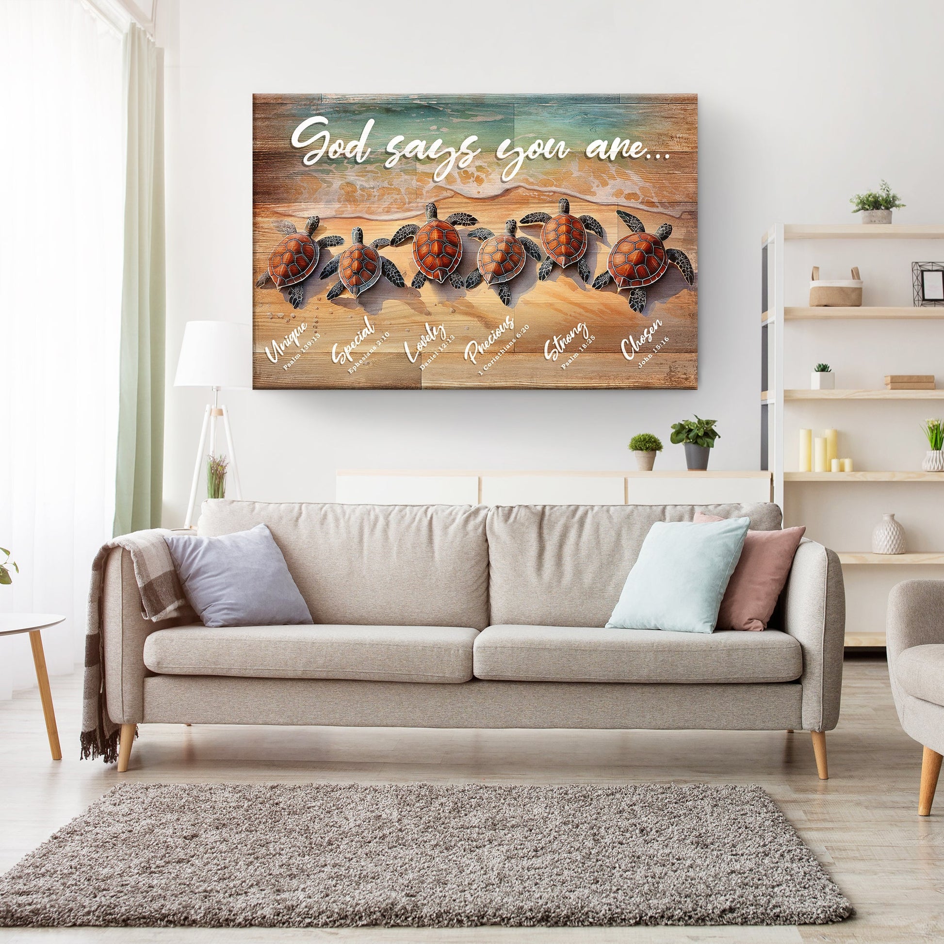 God Says You Are Faith Sign canvas wall art with beach and turtle motifs on weathered wood on Tampa Home & Garden Store