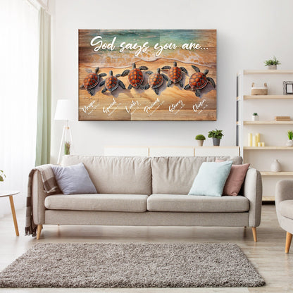 God Says You Are Faith Sign canvas wall art with beach and turtle motifs on weathered wood on Tampa Home & Garden Store