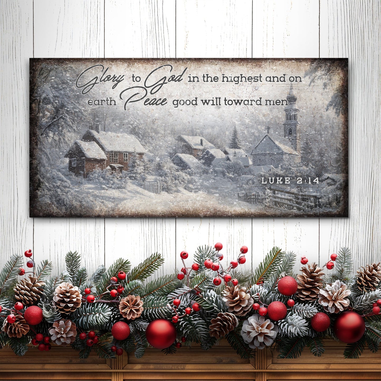 Vintage Christmas Village Luke 2:14 Scripture Sign II canvas with snowy village scene on Tampa Home & Garden Store