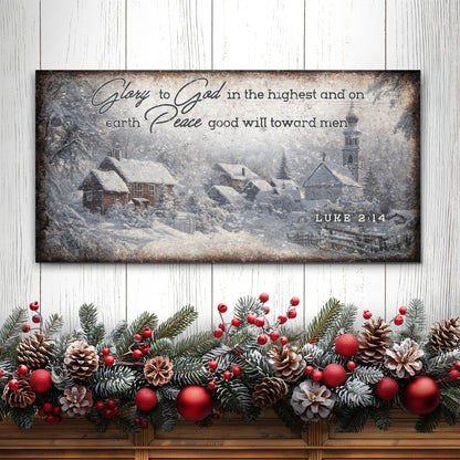 Vintage Christmas Village Luke 2:14 Scripture Sign II canvas with snowy village scene on Tampa Home & Garden Store