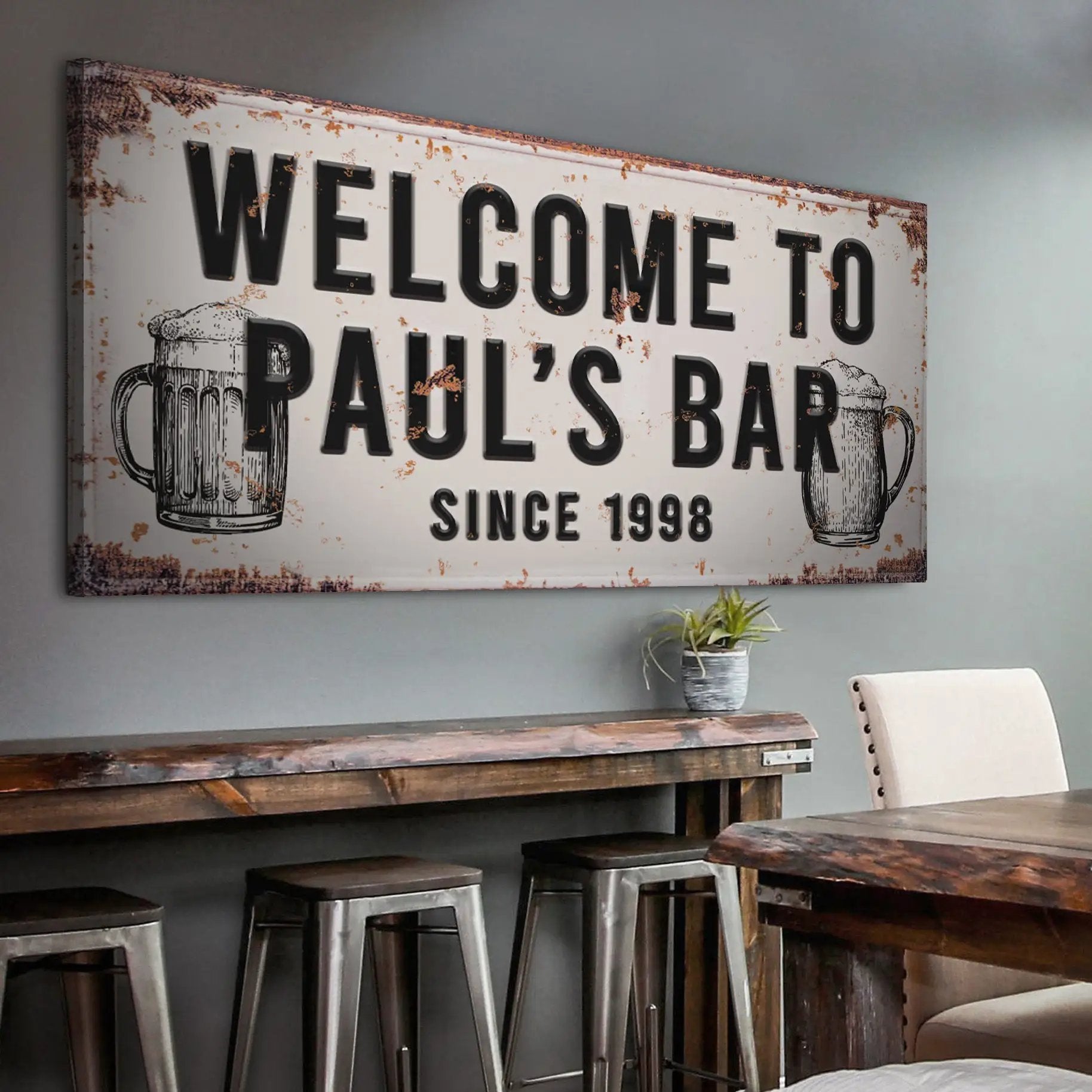 Bar Sign III canvas wall art with rusted accents and bold black text Tailored Canvases on Tampa Home & Garden Store