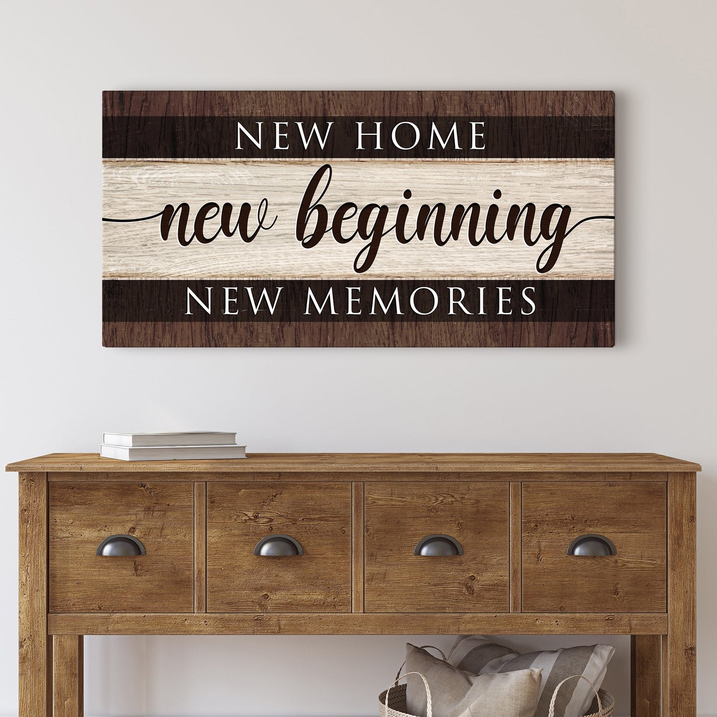 New Home New Beginning New Memories Sign III Canvas on rustic wood planks Tailored Canvases on Tampa Home & Garden Store
