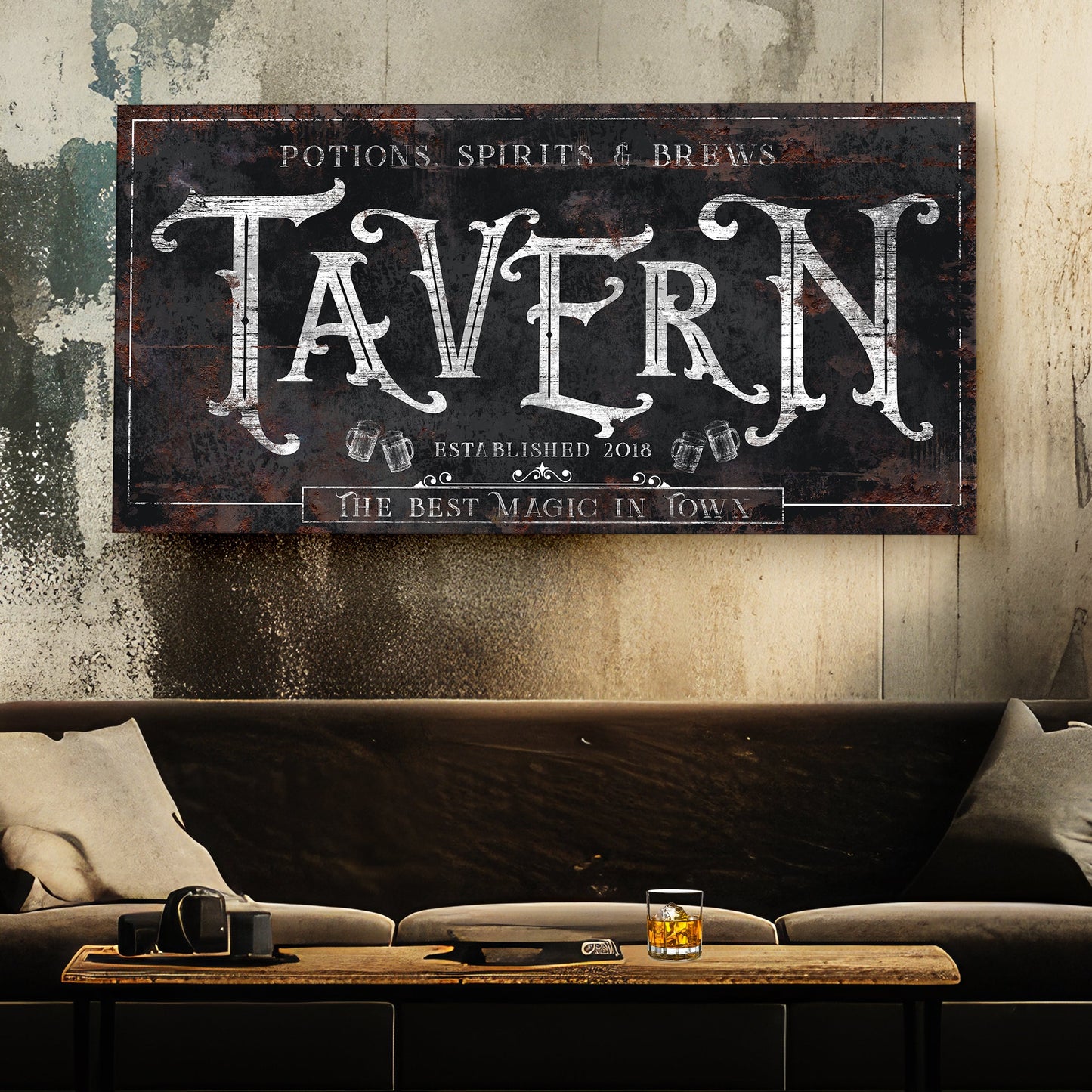 Tailored Canvases tavern canvas with distressed black background and white TAVERN lettering on Tampa Home & Garden Store
