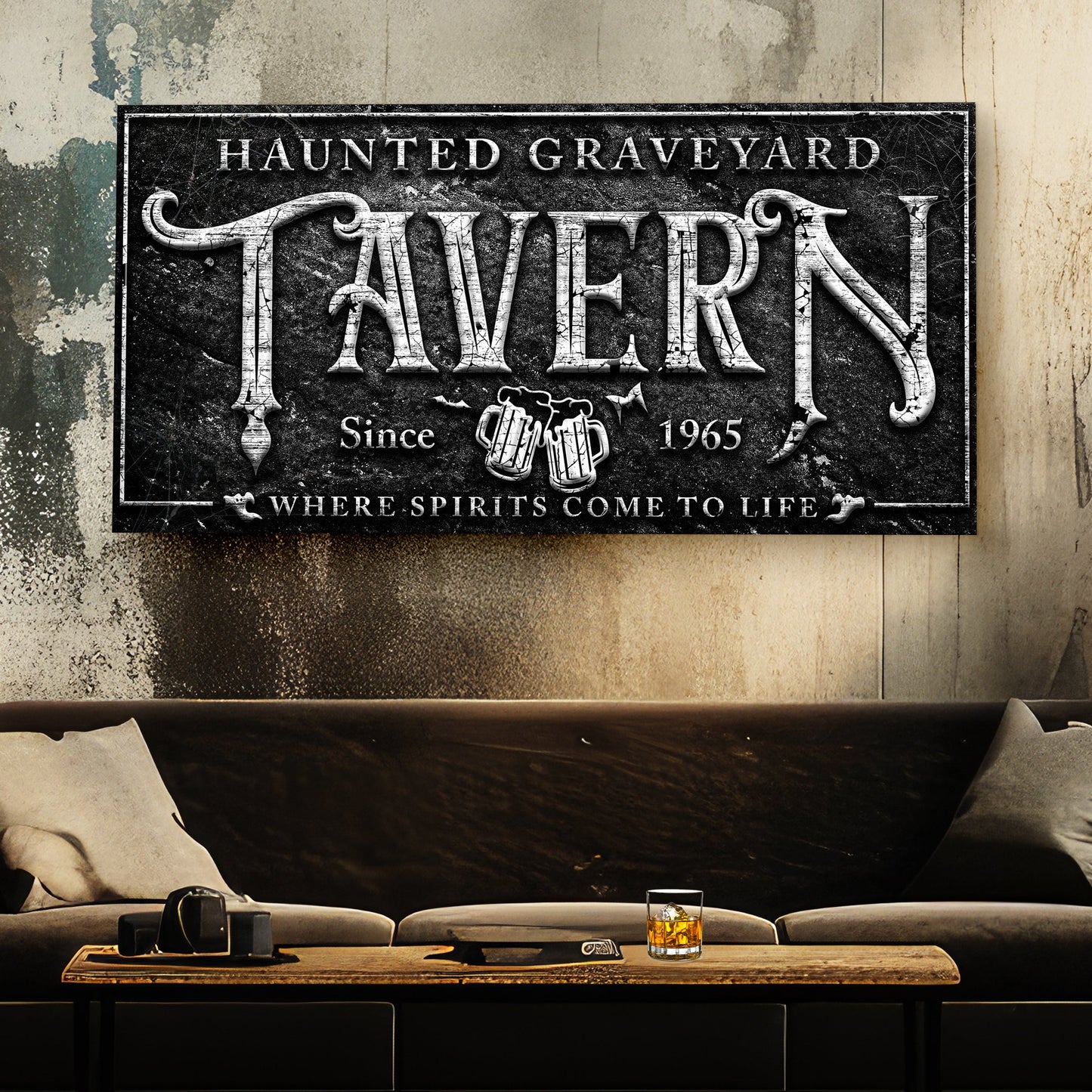 Haunted Graveyard Tavern Sign II canvas by Tailored Canvases; black sign on wall on Tampa Home & Garden Store