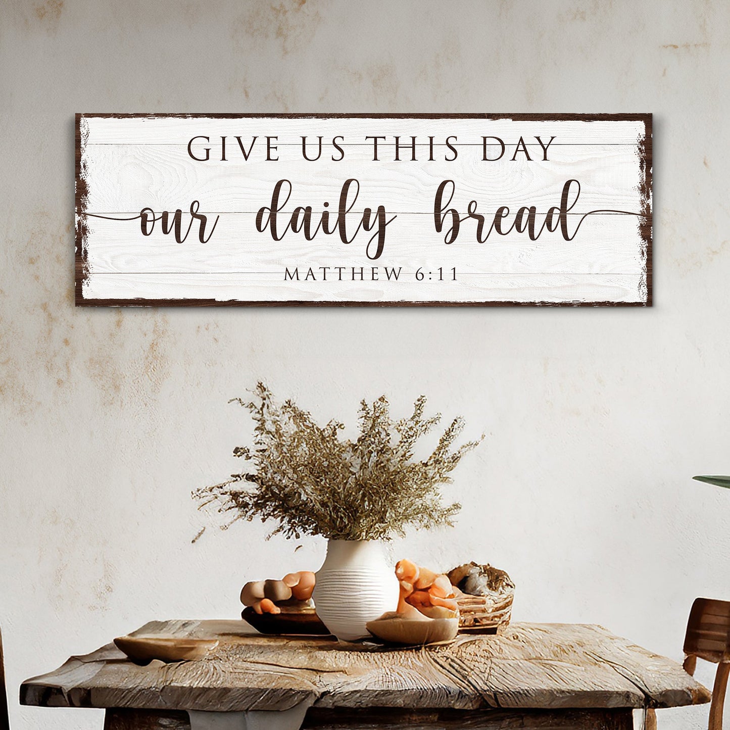 Give Us This Day Our Daily Bread faith sign canvas by Tailored Canvases on white wood on Tampa Home & Garden Store