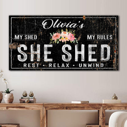 Personalized Olivia's She Shed sign canvas with floral bouquet on distressed black backdrop on Tampa Home & Garden Store