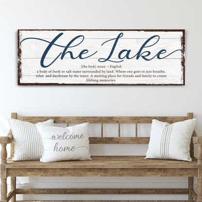 The Lake Sign canvas in navy script on white wood with brown frame Tailored Canvases on Tampa Home & Garden Store