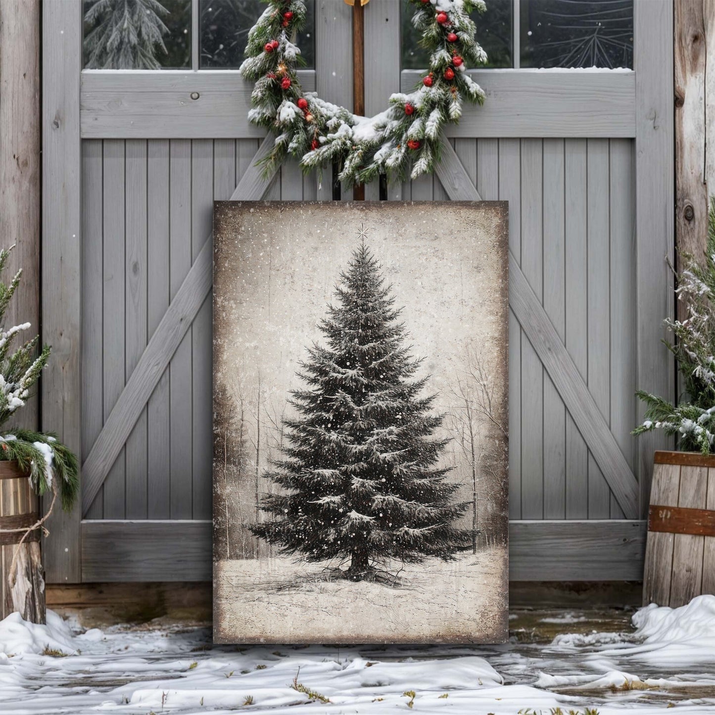 Vintage Christmas Tree Wall Art III canvas featuring a snowy evergreen in muted monochrome on Tampa Home & Garden Store