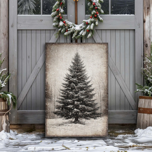 Vintage Christmas Tree Wall Art III canvas featuring a snowy evergreen in muted monochrome on Tampa Home & Garden Store