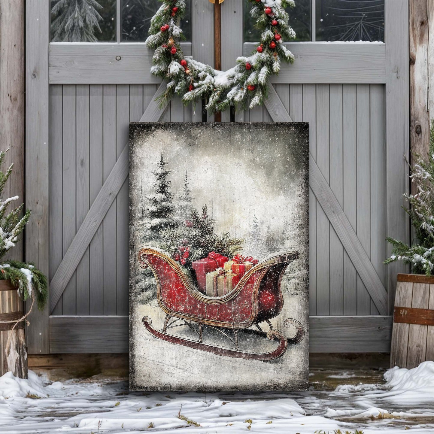 Vintage Christmas Sleigh Sled Wall Art VI canvas by Tailored Canvases, snowy sleigh scene on Tampa Home & Garden Store